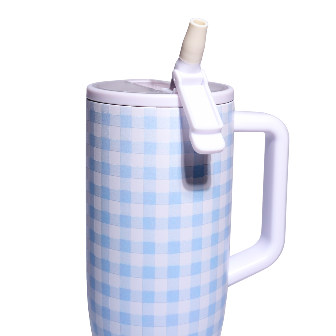 A tall handled tumbler with a light blue and white gingham check pattern, featuring a white lid with a flip-up straw and a small silver logo near the bottom.