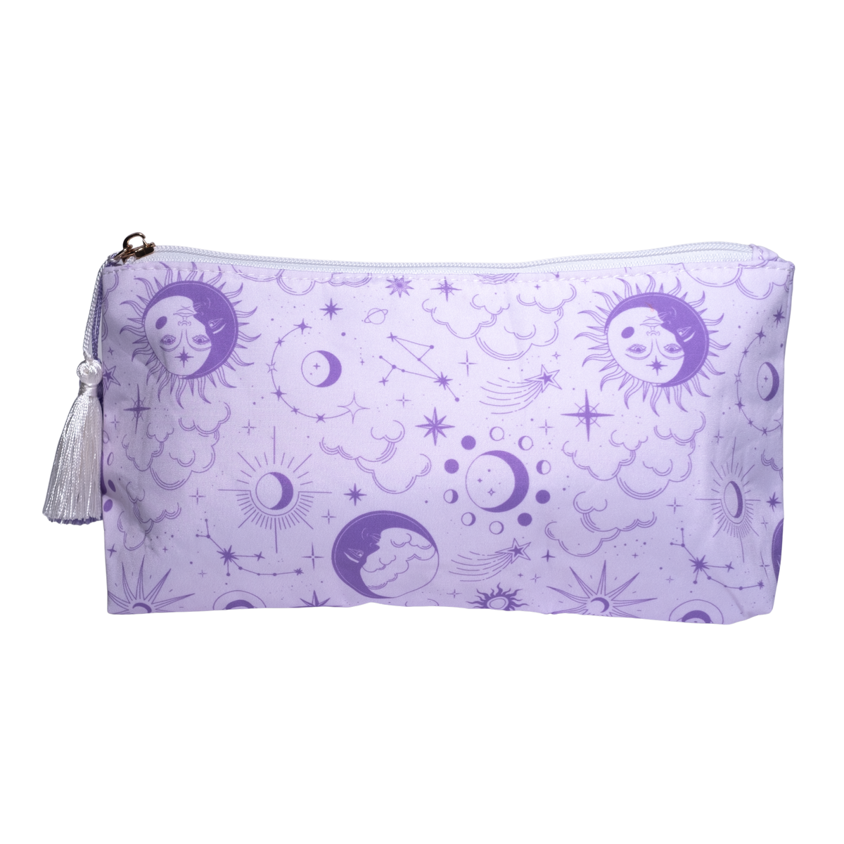 A lavender zippered pouch featuring a celestial print of purple suns, crescent moons, stars, and clouds, complete with a silver zipper and a white tassel charm.