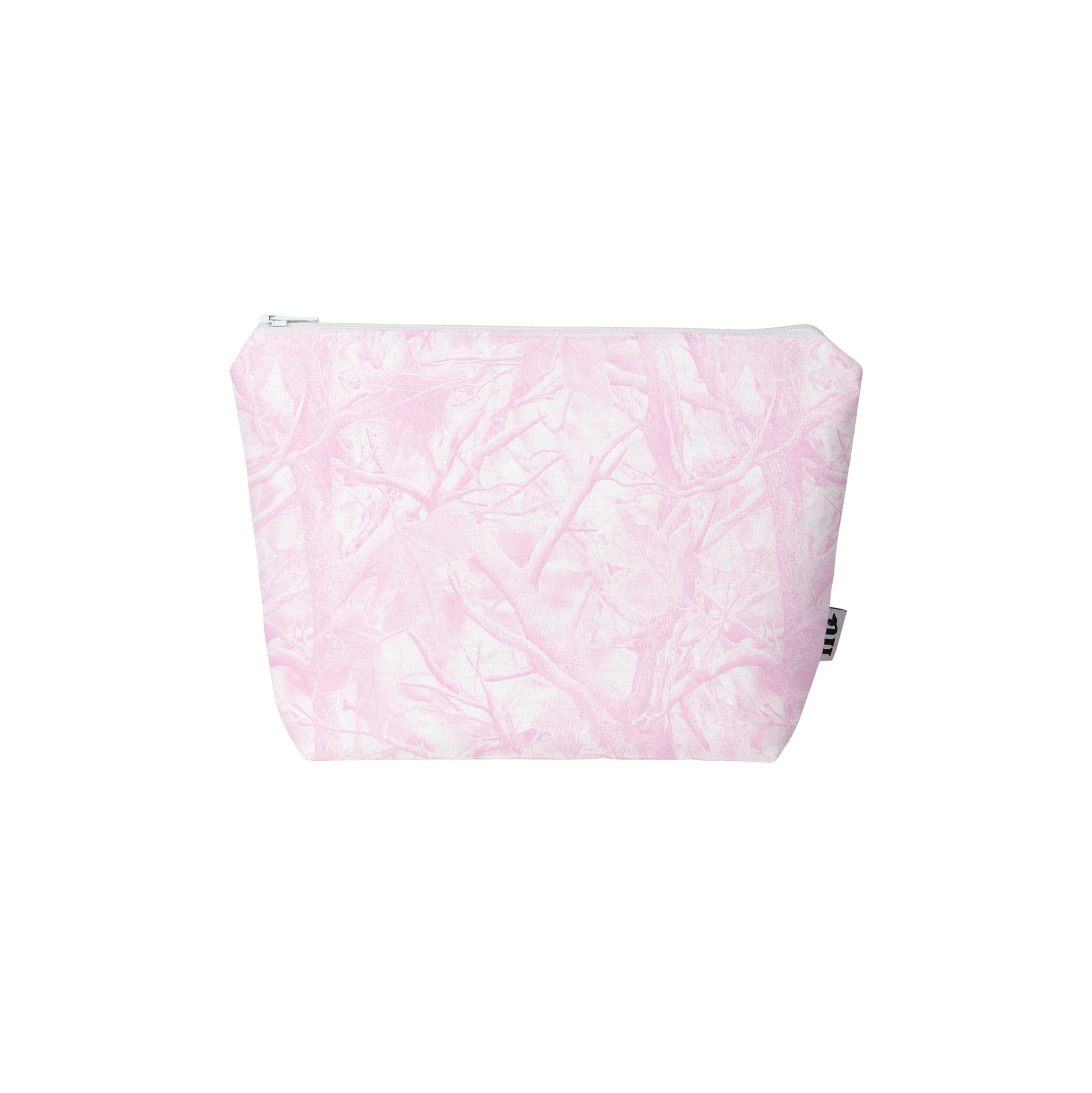 Pink and white marbled pouch on a white background