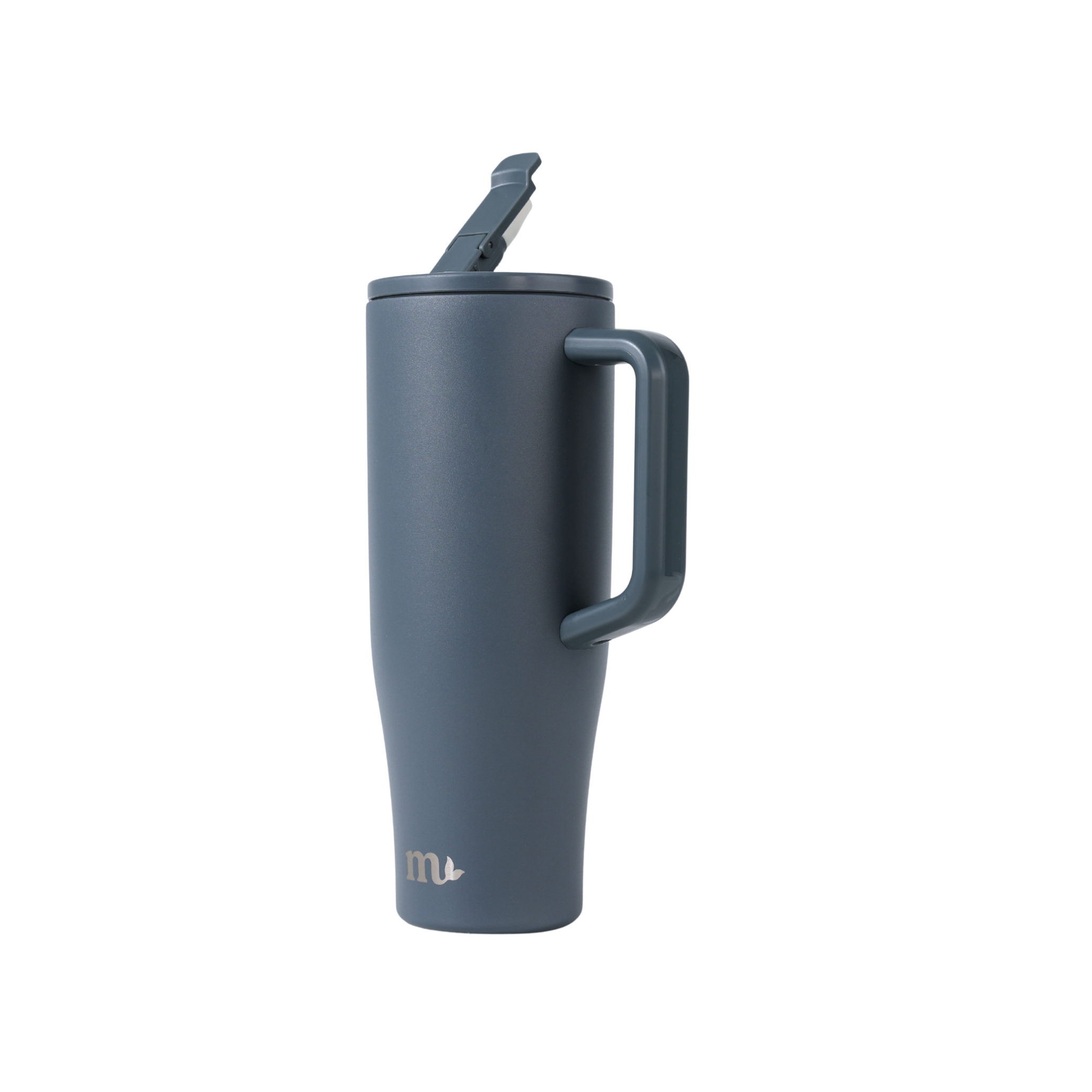 Blue insulated mug with handle on a white background