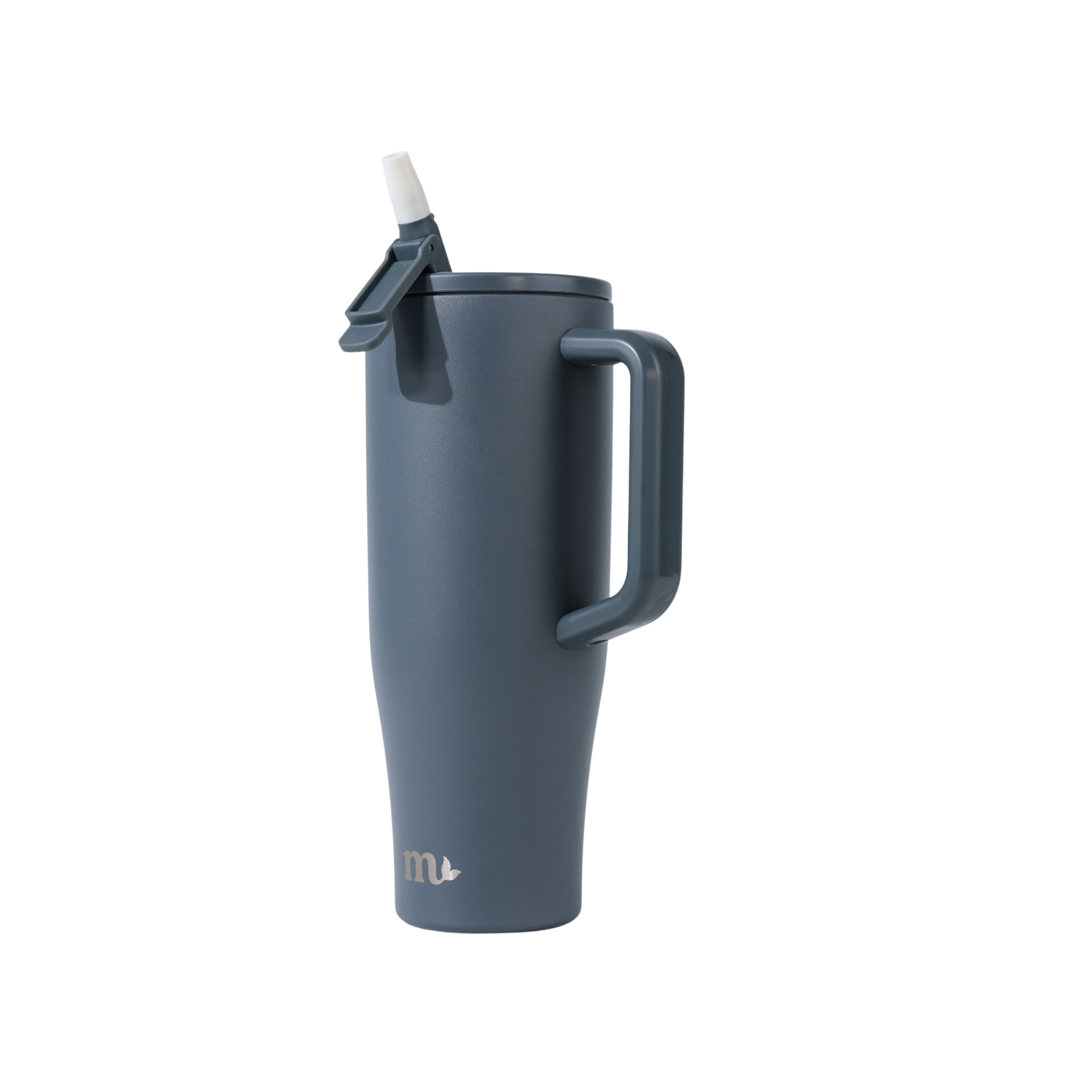 Blue insulated mug with handle and straw lid on a white background