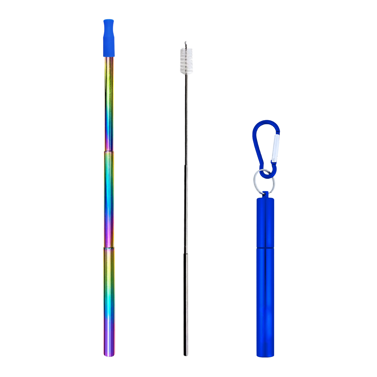 Multicolored telescopic pole with a black brush and blue holder on a white background